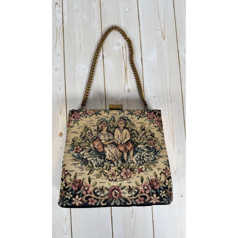 Vintage 1950s‎ Tapestry Handbag Pastoral Scene Kiss Lock Purse Gold Chain